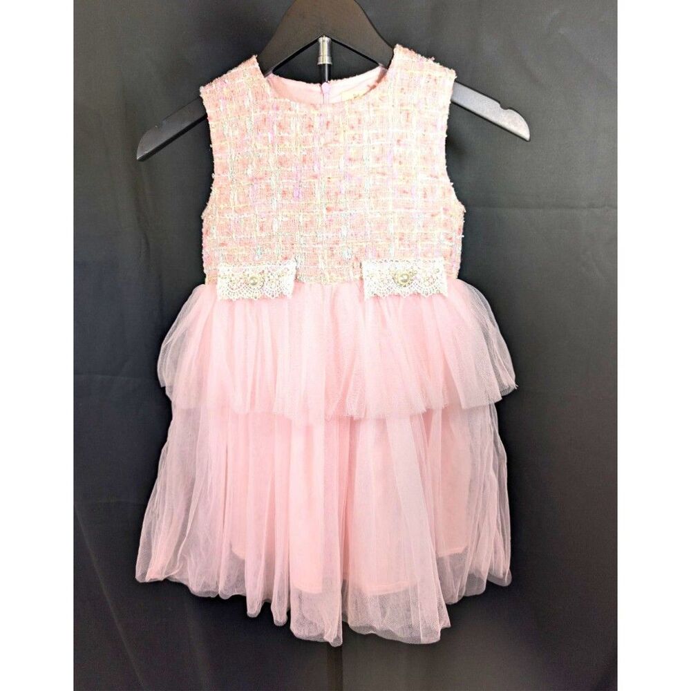 Doe A Dear Girls Pink Shimmer Tweed Tiered Tulle Dress 4T
